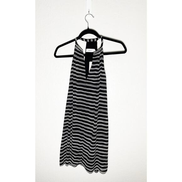 A.L.C. Women's V Split Neck Halter Mini Dress Crepe Silk Black White Stripes NWT - Picture 1 of 8
